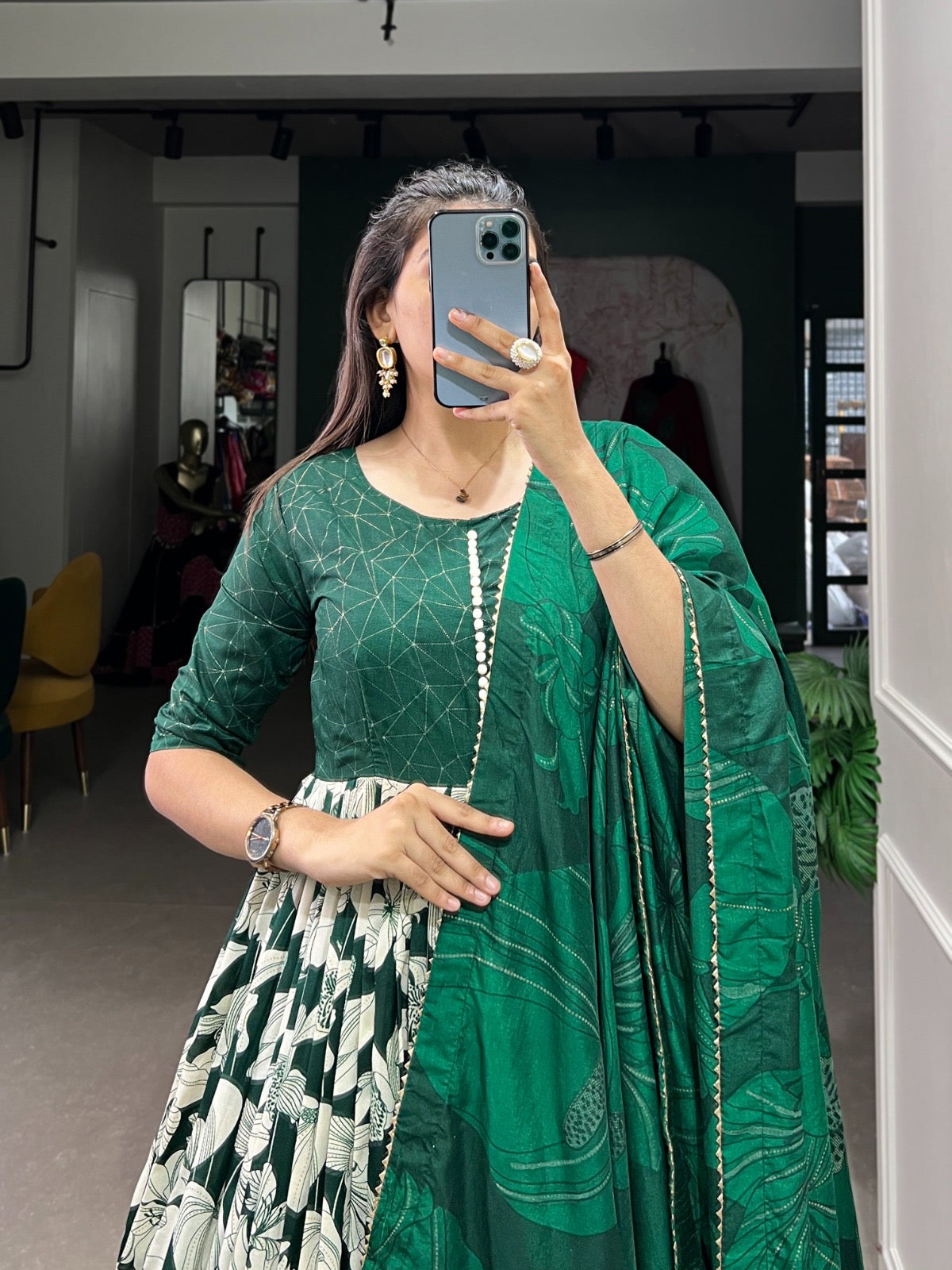 Tussar silk floral with foil print Gown