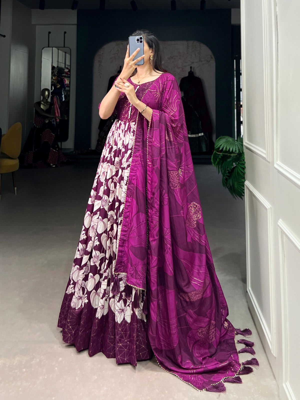 Tussar silk floral with foil print Gown