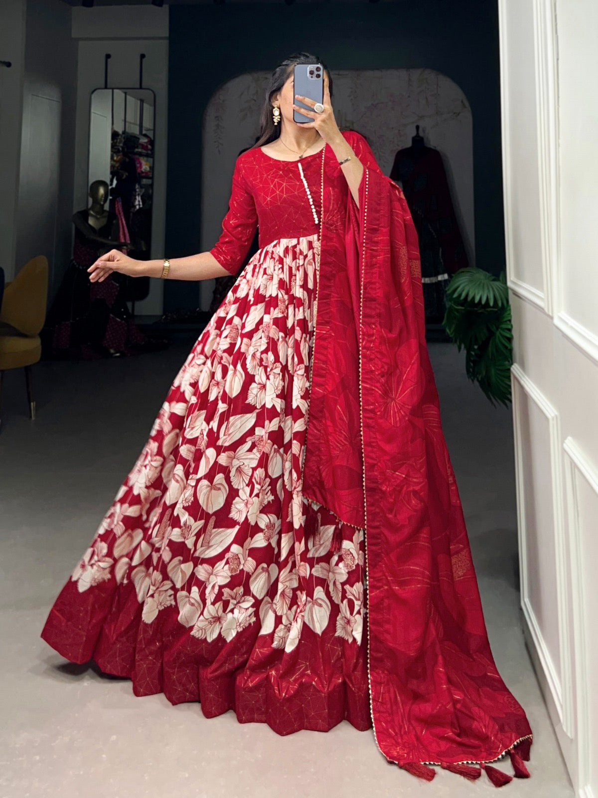 Tussar silk floral with foil print Gown