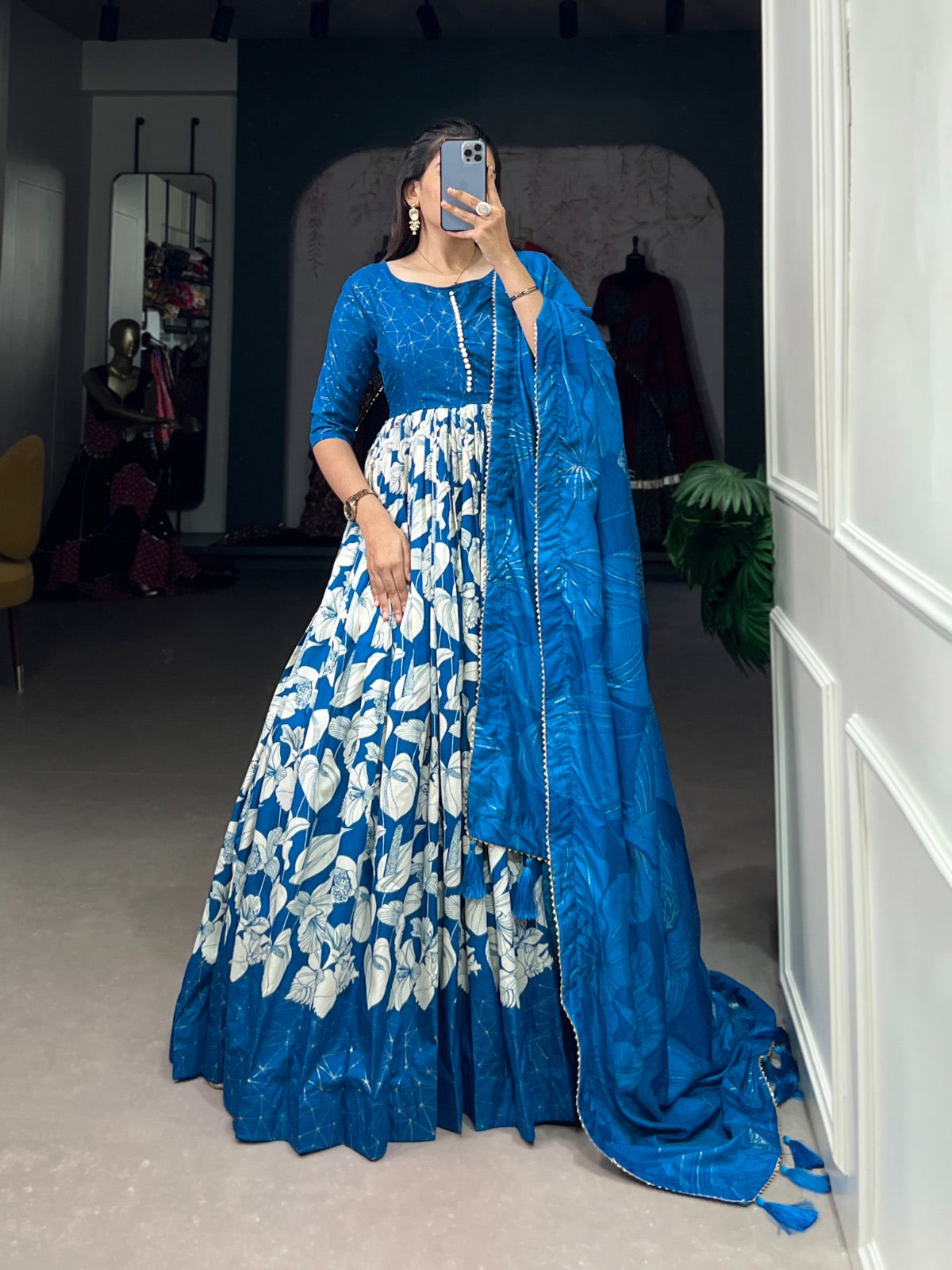 Tussar silk floral with foil print Gown