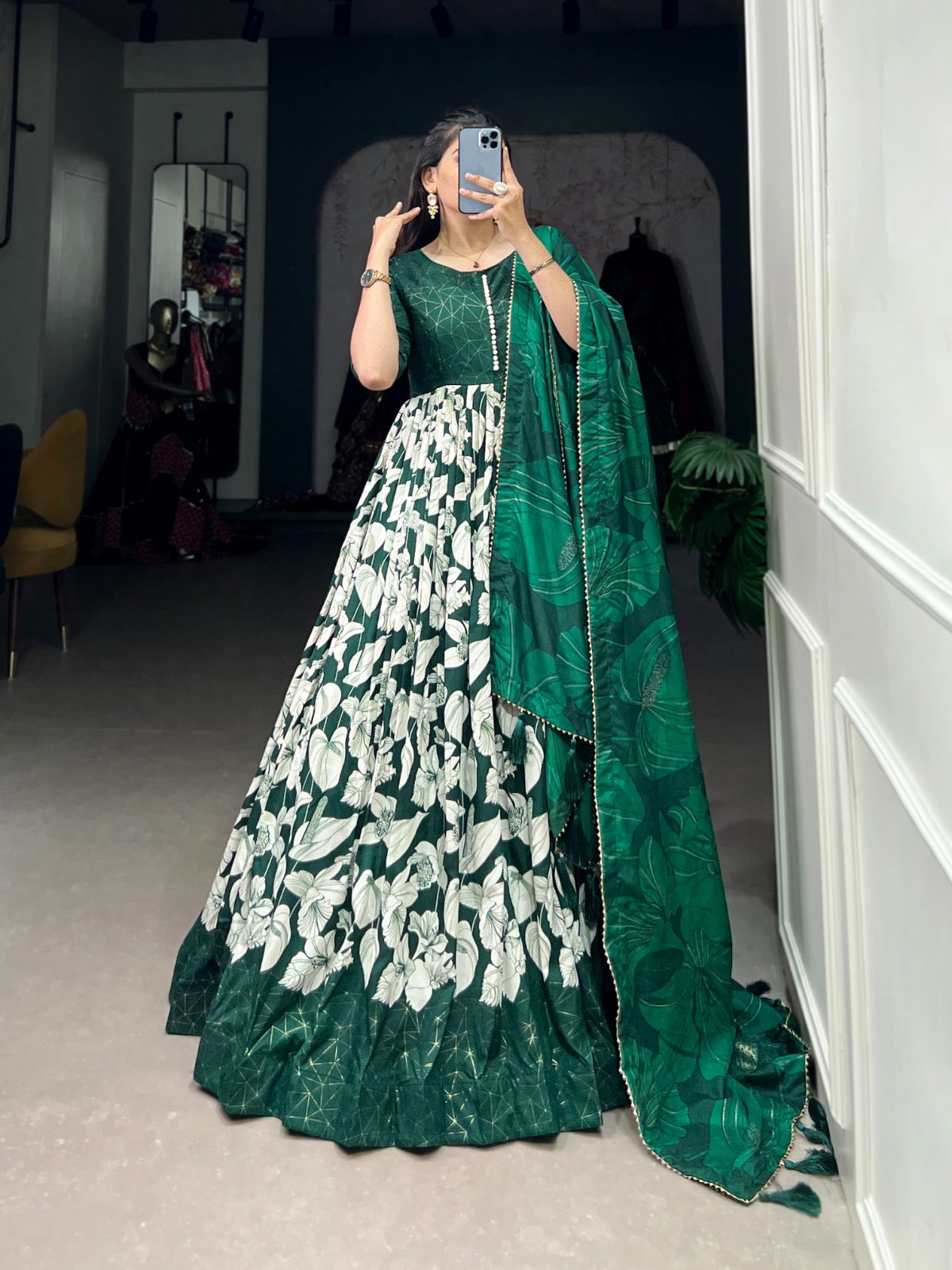 Tussar silk floral with foil print Gown