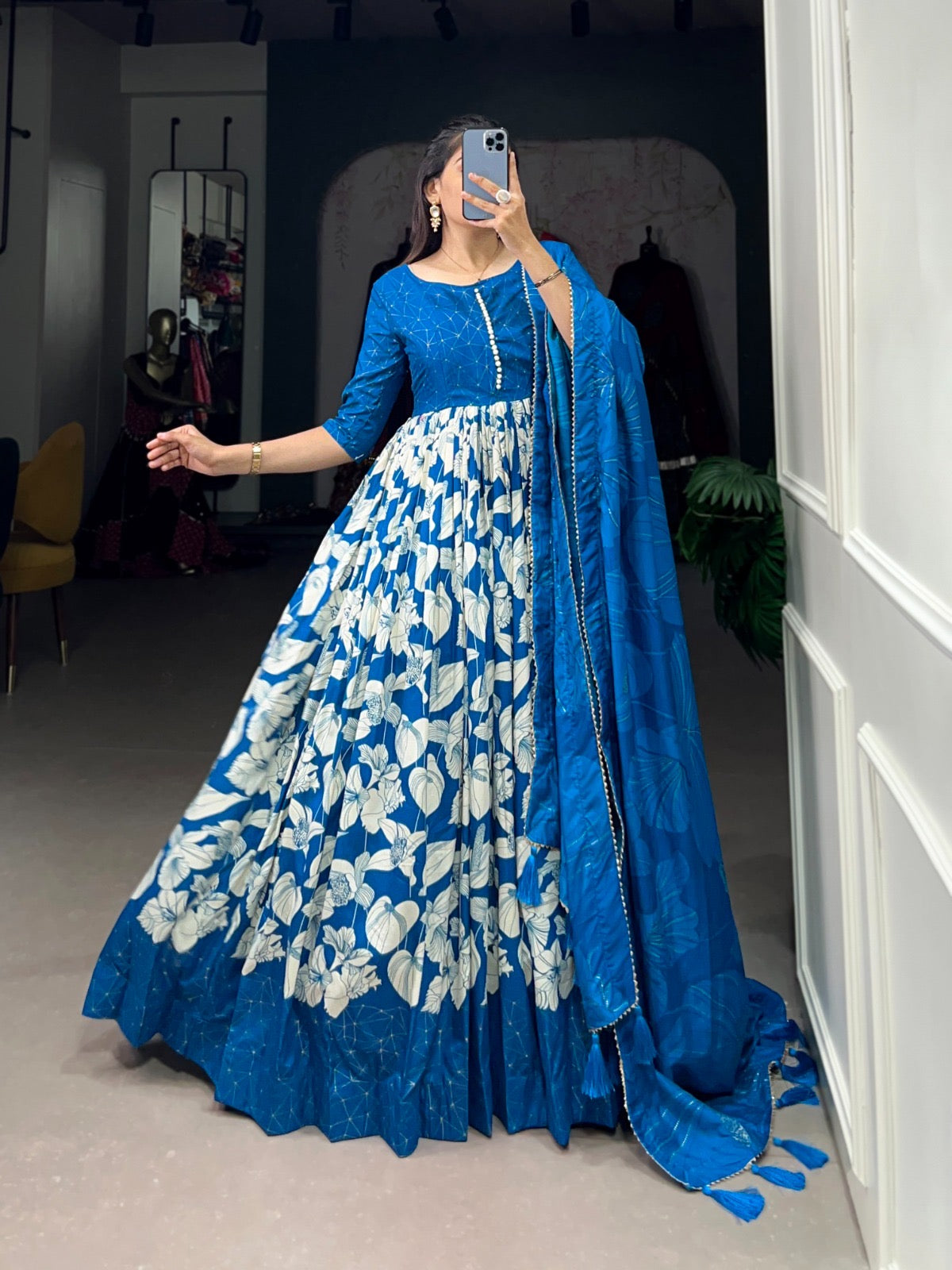 Tussar silk floral with foil print Gown