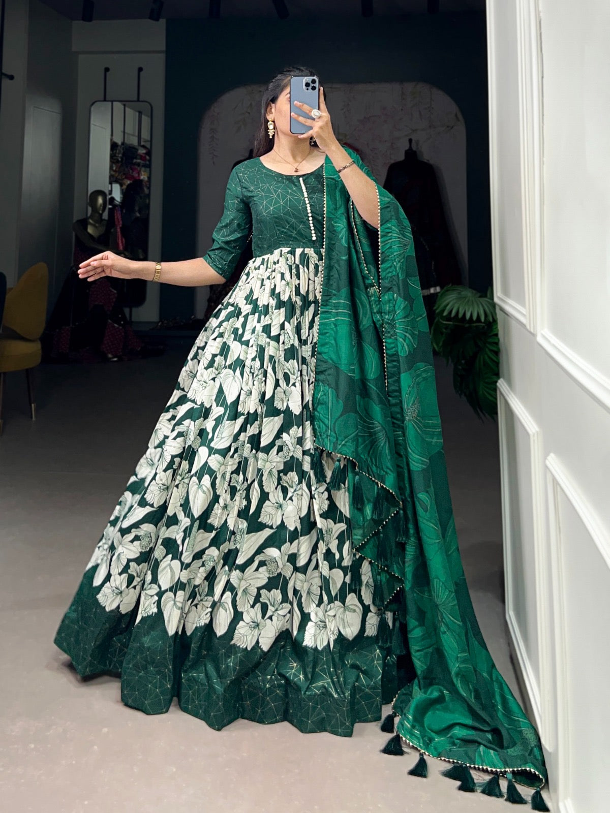 Tussar silk floral with foil print Gown