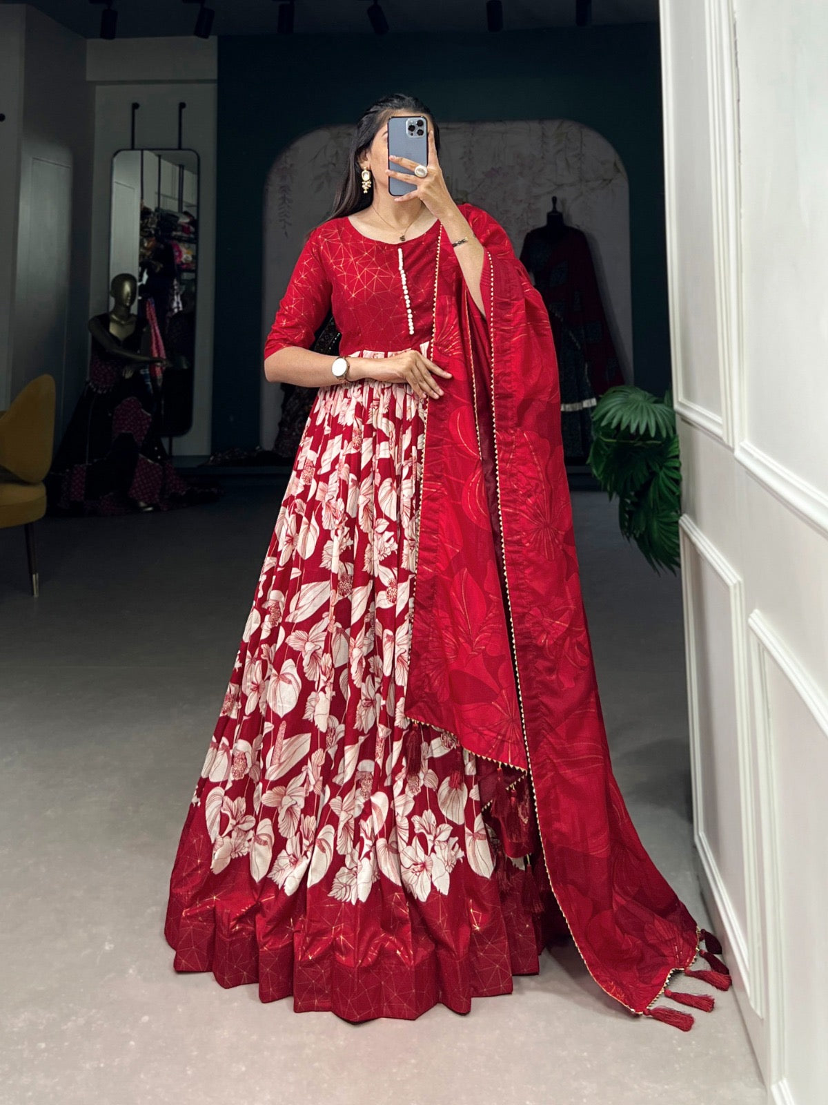 Tussar silk floral with foil print Gown