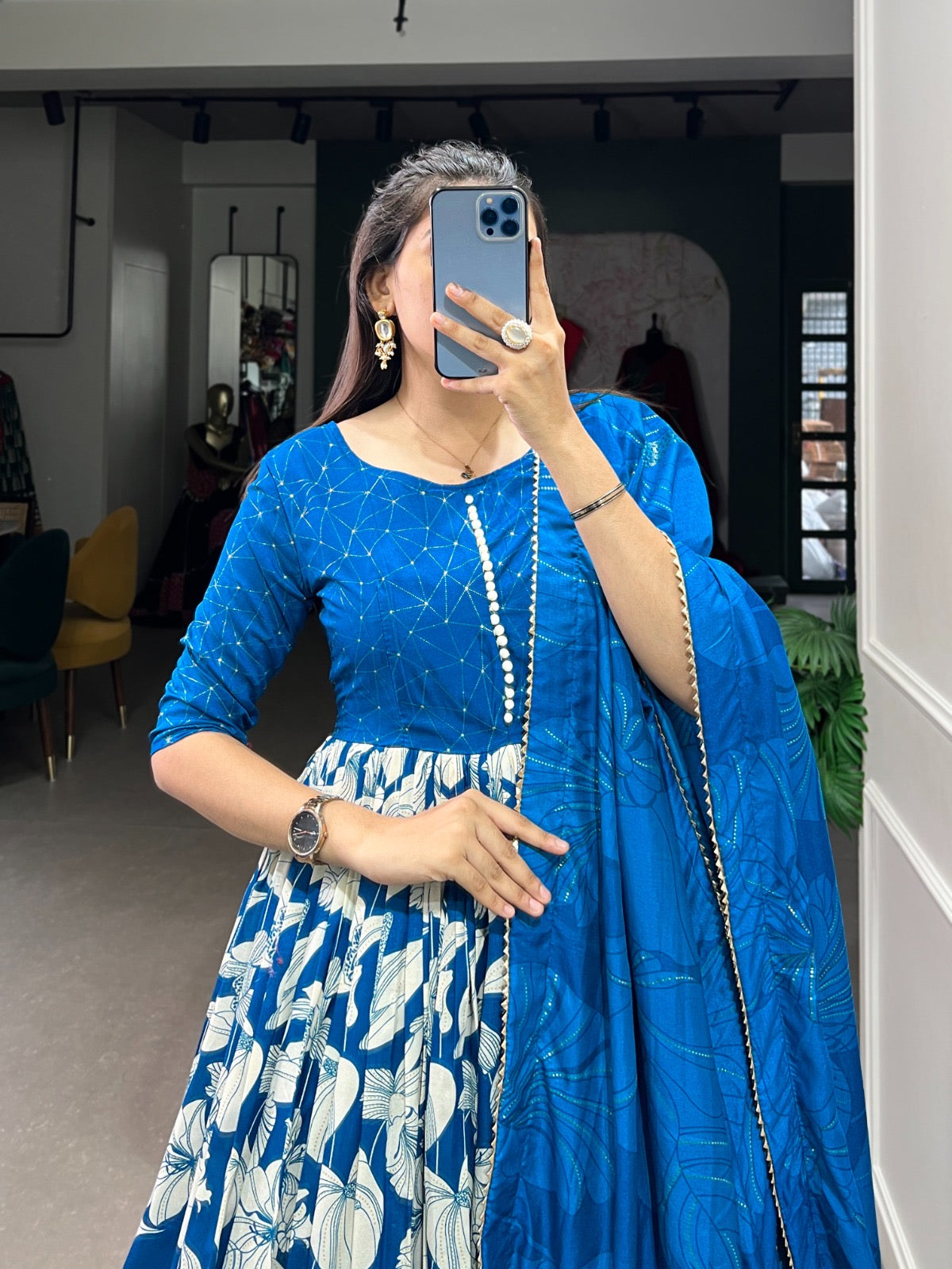 Tussar silk floral with foil print Gown
